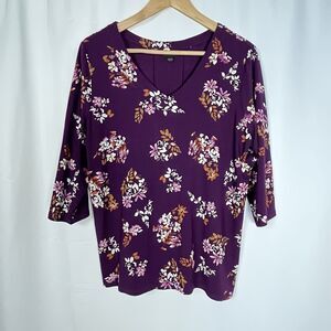 J Jill Wearever Collection Women V-neck Size L Floral Print Purple Top